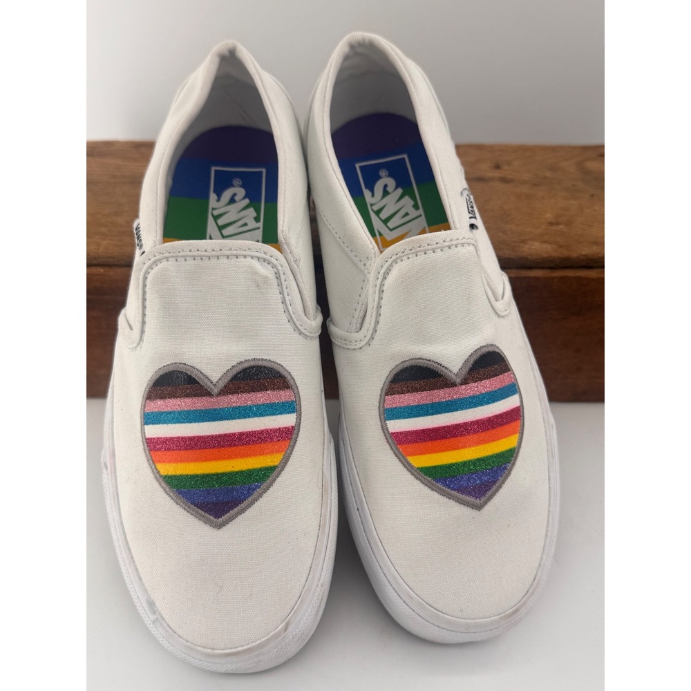 Vans Asher Slip-On Sneakers Womens 7 Pride White Glitter Rainbow Heart 721356